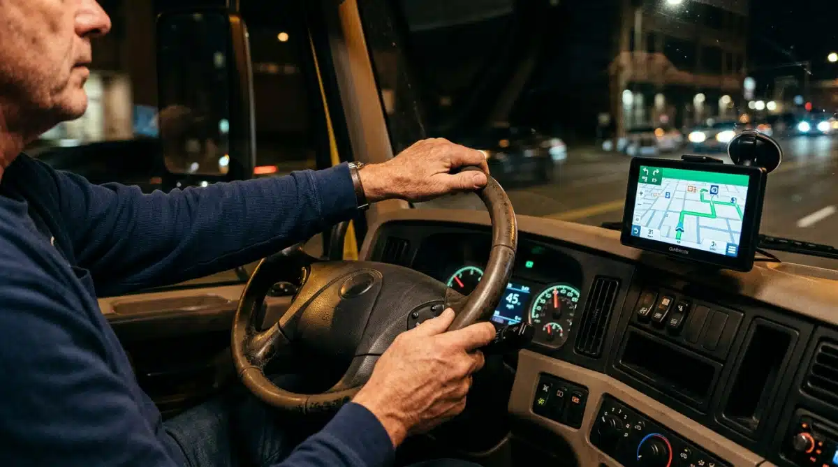 Chauffeur de camion suivant un itinéraire GPS optimisé