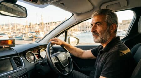 Chauffeur de taxi marseillais au volant de son véhicule