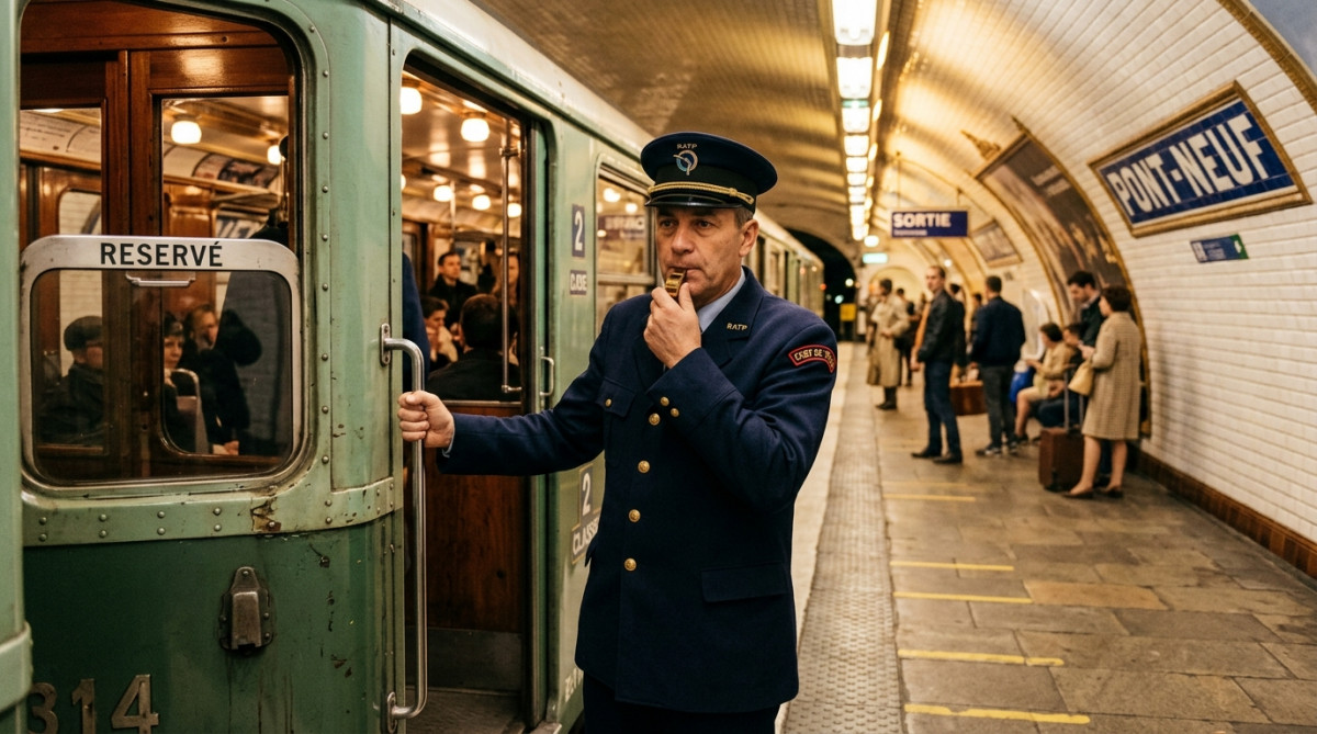Chef de train en uniforme dans le métro parisien des années 1960