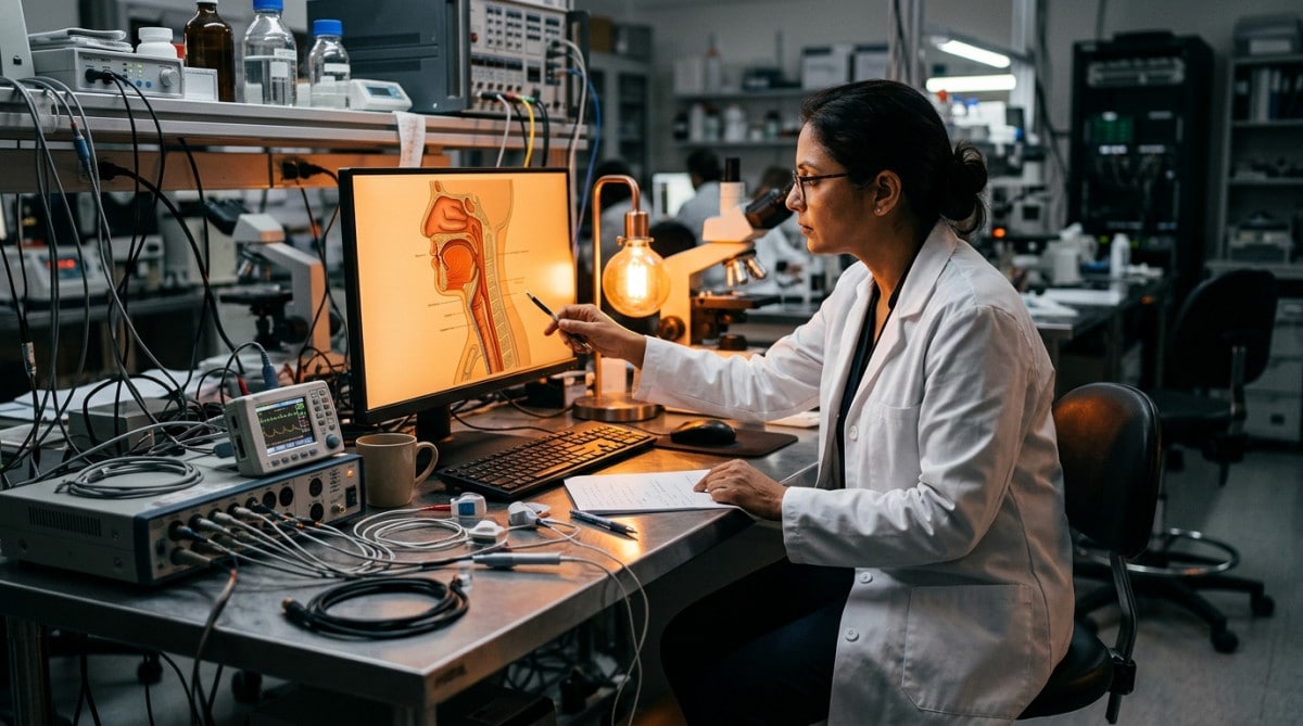 Chercheur analysant des données sur la déglutition humaine en laboratoire