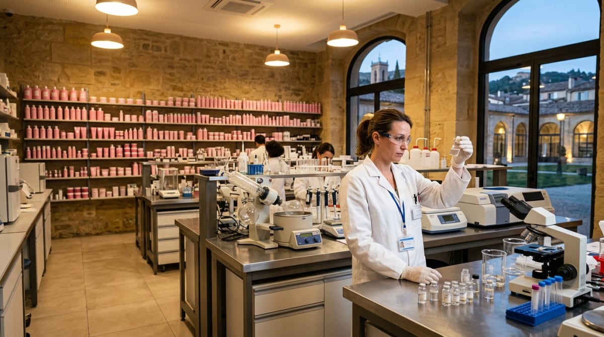 Chercheur en laboratoire cosmétique examinant des échantillons