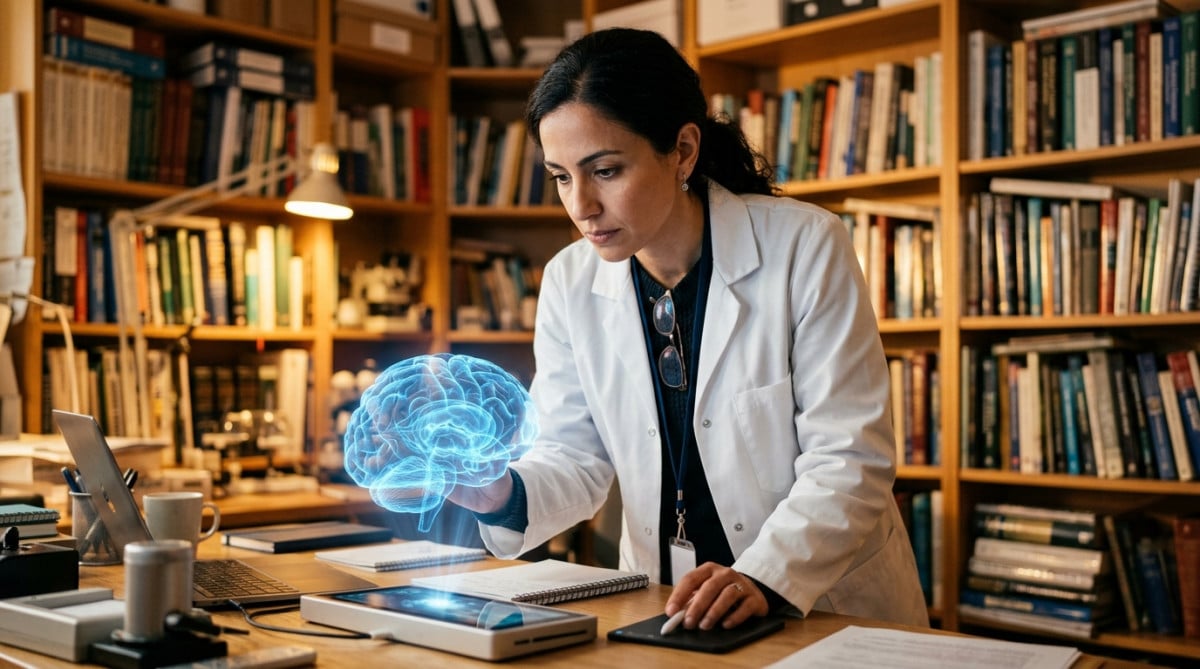 Chercheur examinant un modèle de cerveau en laboratoire