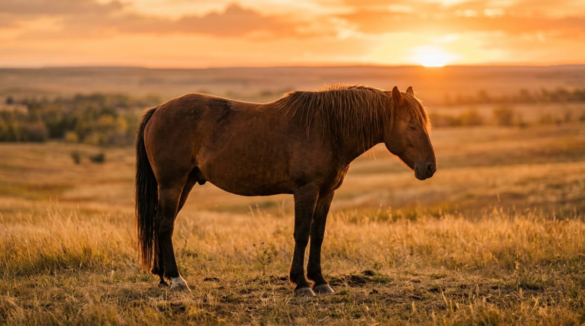 Cheval endormi debout dans une prairie au coucher du soleil