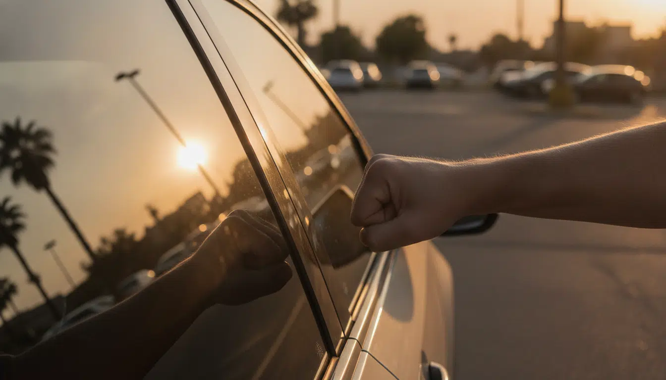 Main près d'une vitre de voiture prête à intervenir