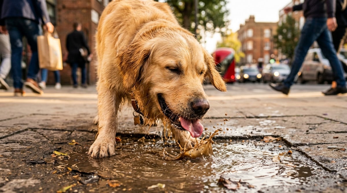 Chien golden retriever buvant joyeusement dans une flaque sale