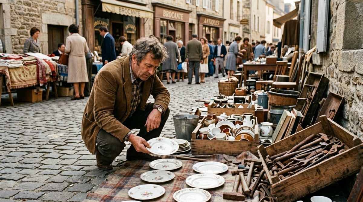 Chineur fouillant des objets anciens aux puces dans les années 1970