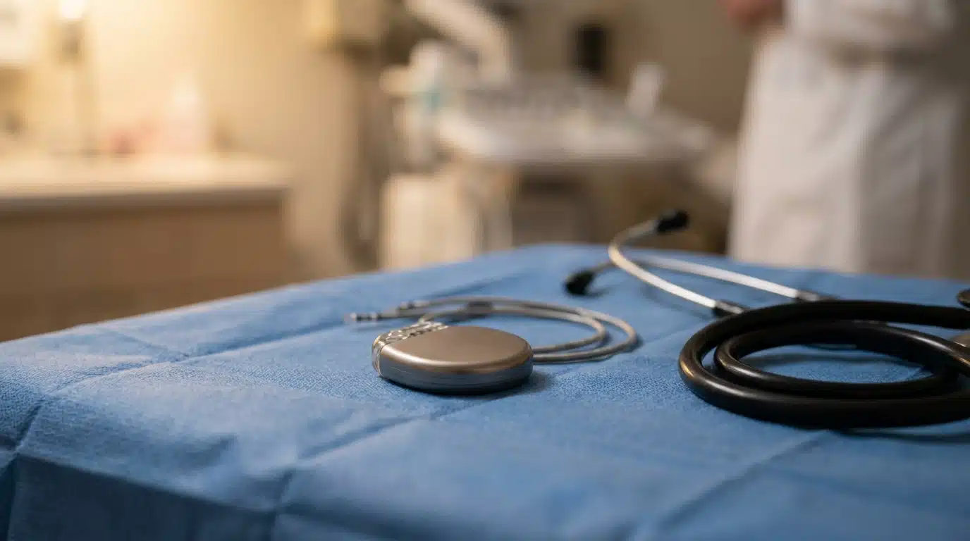 Défibrillateur sous-cutané posé sur un tissu chirurgical bleu