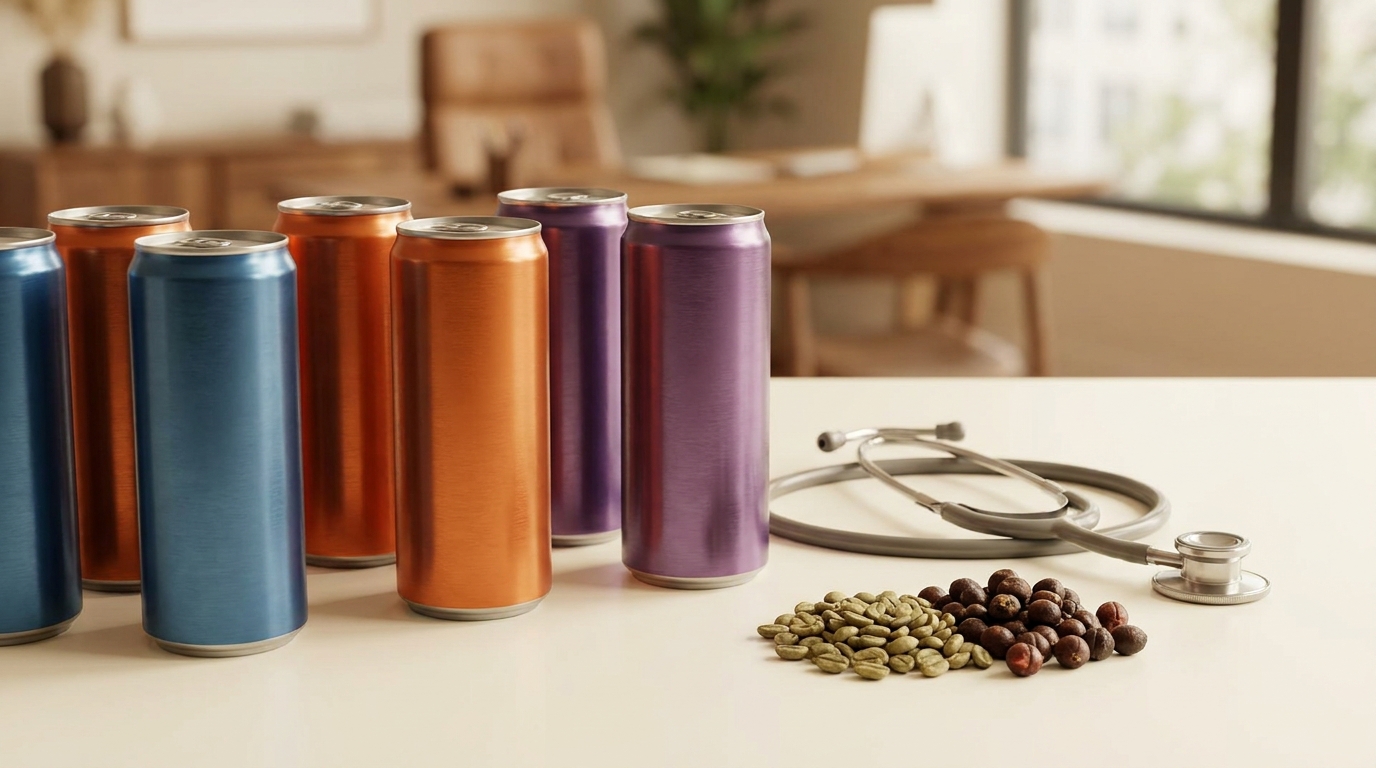 Canettes de boisson énergisante posées près d'un stéthoscope et de graines de guarana