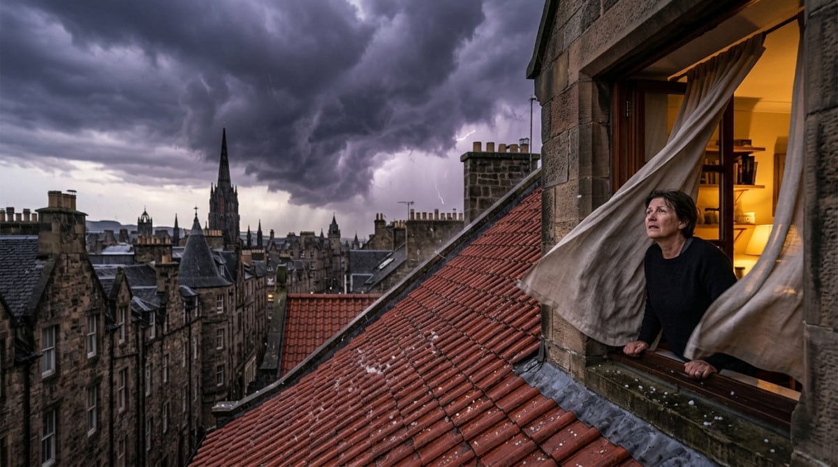 Ciel orageux avec grêle au-dessus des toits d'une ville française