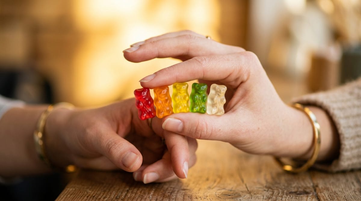 Cinq oursons Haribo de couleurs différentes tenus dans une main