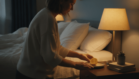 Femme posant un citron coupé sur sa table de nuit