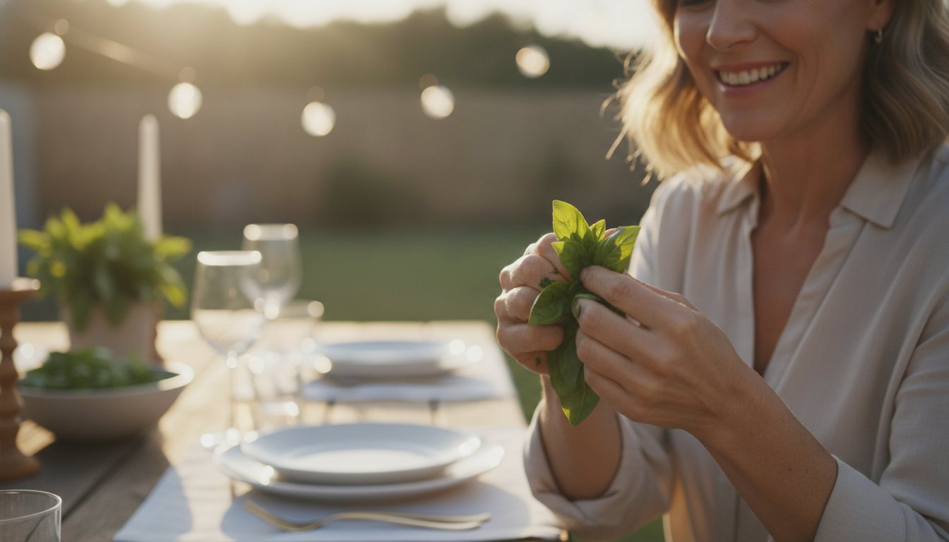 Femme écrasant des feuilles de basilic avant un dîner en terrasse