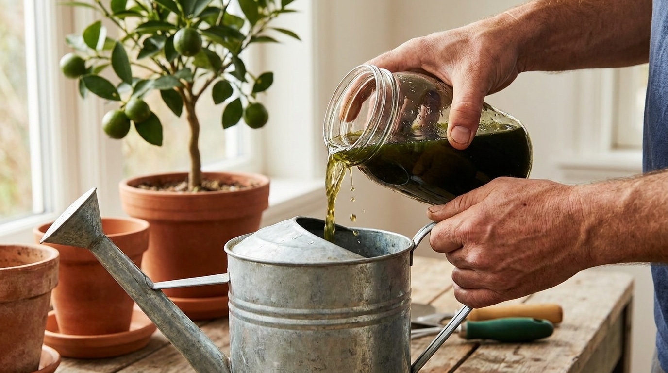 Mains versant du purin d'ortie dans un arrosoir près d'un citronnier