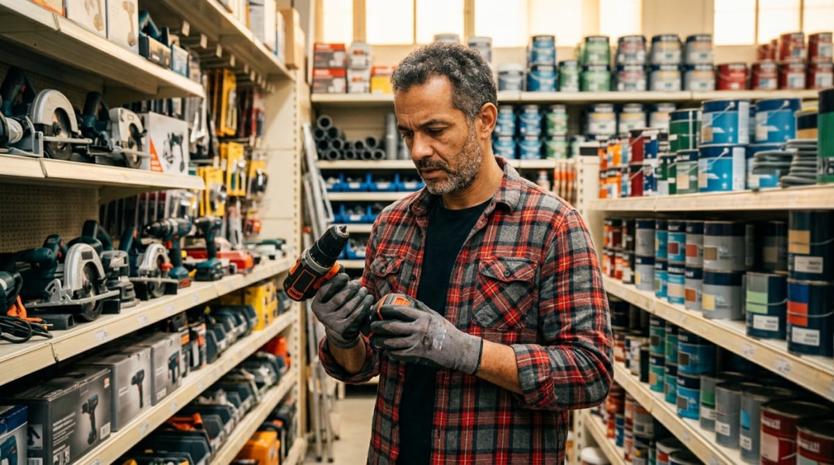 Client dans un magasin de bricolage examinant une perceuse
