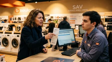 Client mécontent présentant une preuve d'achat au vendeur
