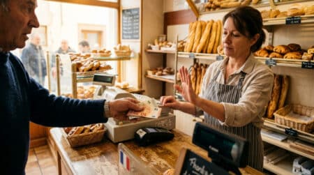 Client présentant des billets refusés par un commerçant en boulangerie