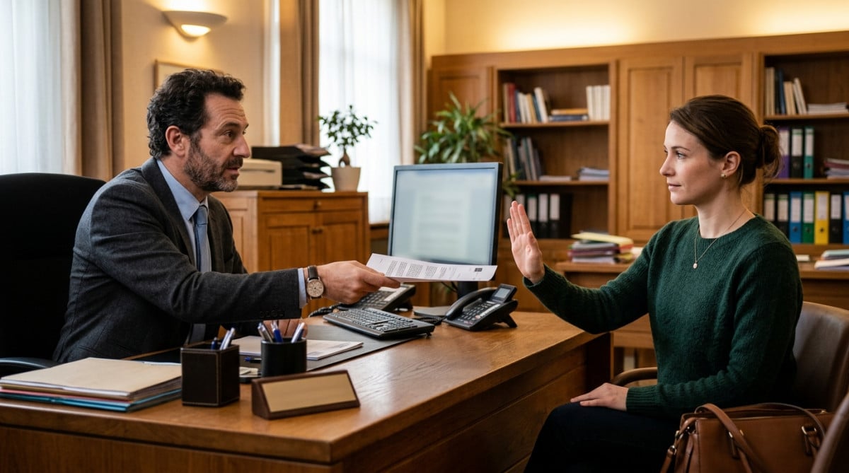 Client refusant des frais face à un conseiller bancaire