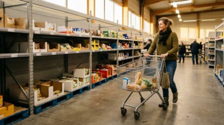 Cliente dans un supermarché discount aux rayons épurés