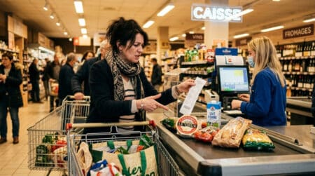 Cliente mécontente au comptoir d'un supermarché avec son ticket
