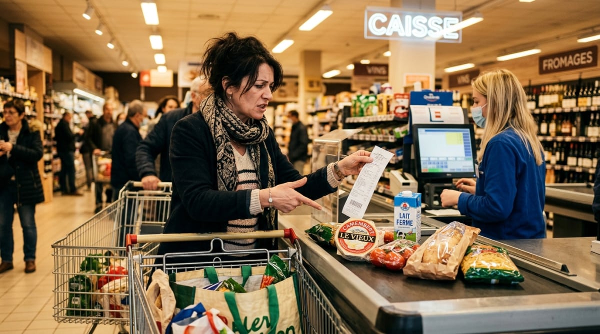 Cliente mécontente au comptoir d'un supermarché avec son ticket
