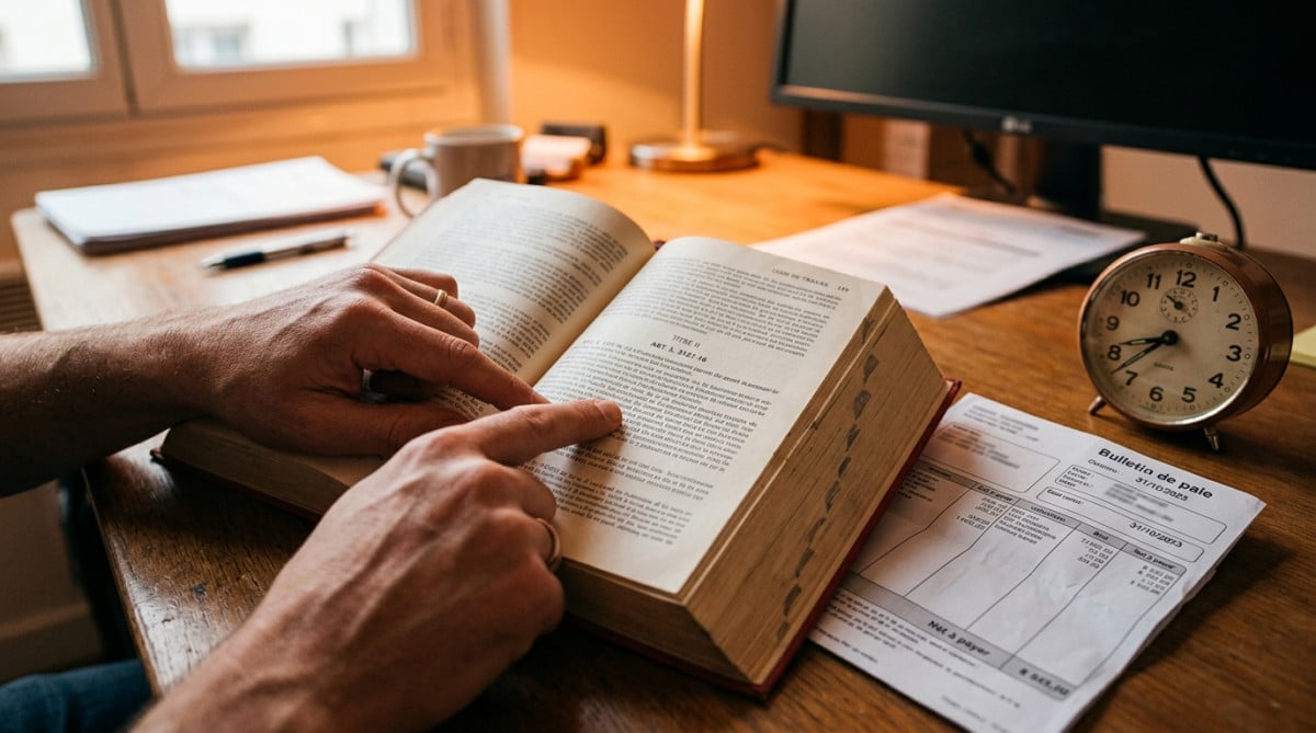 Code du travail ouvert à côté d'une fiche de paie et d'une horloge