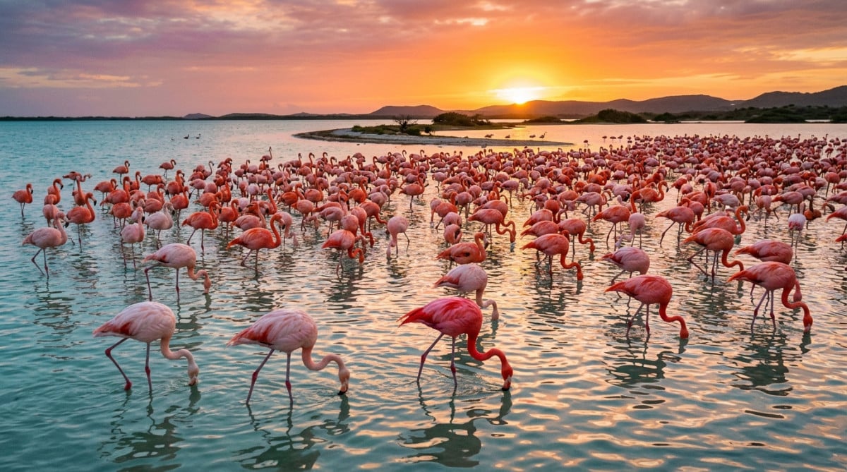 Colonie de flamants roses se nourrissant dans un lagon au coucher du soleil