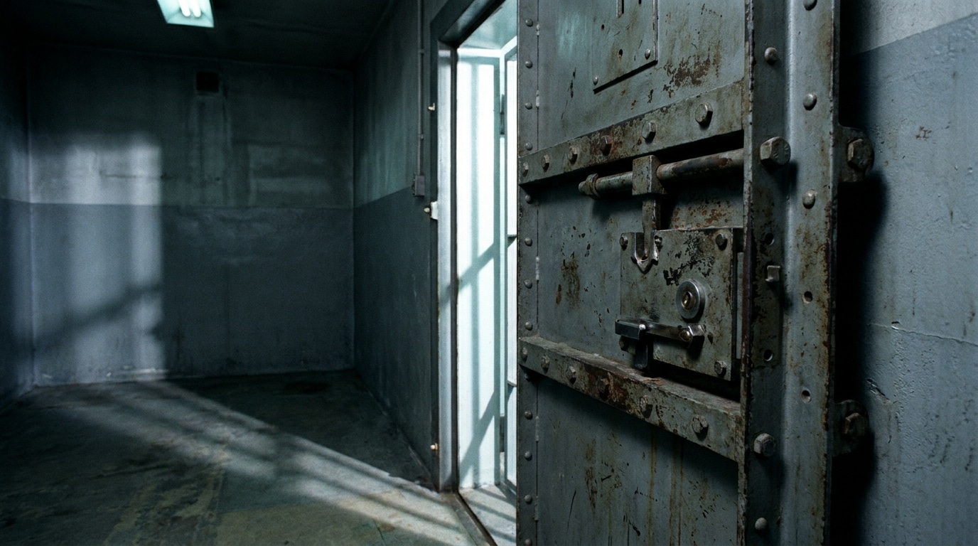 Porte de cellule entrouverte dans un couloir de prison