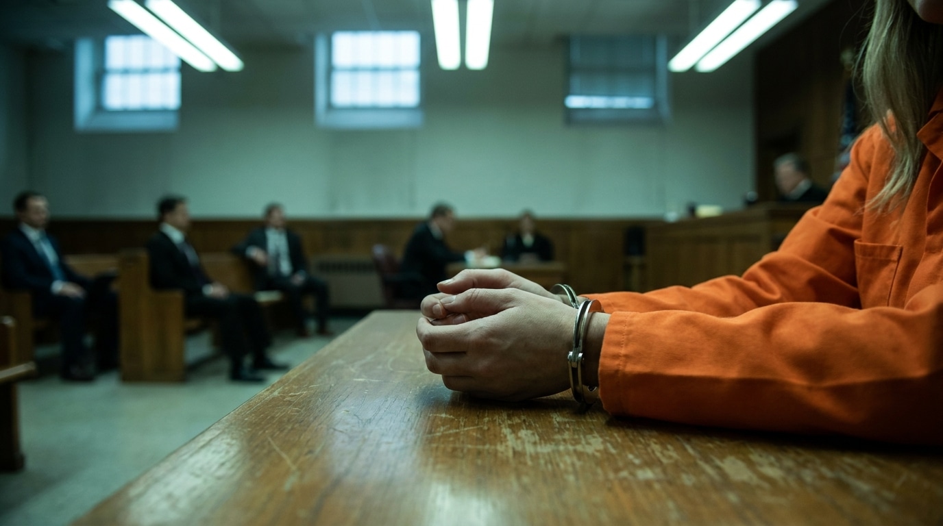 Mains menottées posées sur une table de tribunal