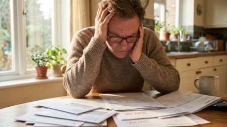 Personne inquiète devant des documents bancaires sur une table