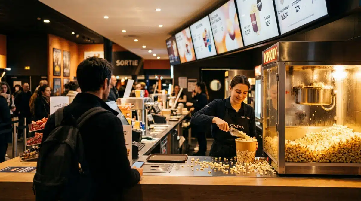 Comptoir confiserie d'un cinéma avec machine à pop-corn