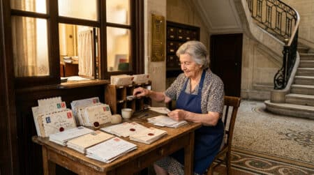 Concierge française triant le courrier dans sa loge années 1950