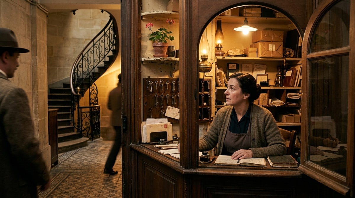 Concierge parisienne surveillant le hall d'un immeuble ancien
