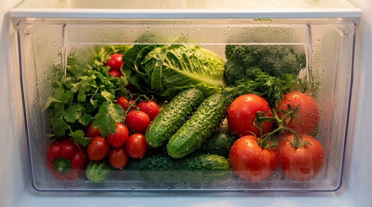 Condensation visible sur des légumes dans un tiroir de réfrigérateur