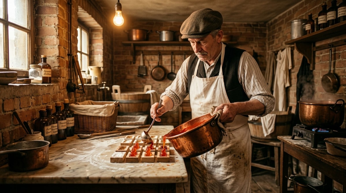 Confiseur allemand fabriquant des bonbons dans un atelier artisanal en 1920