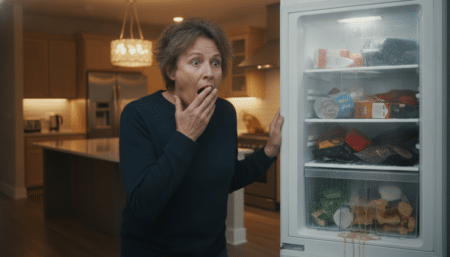 Personne découvrant des aliments avariés dans un congélateur en panne
