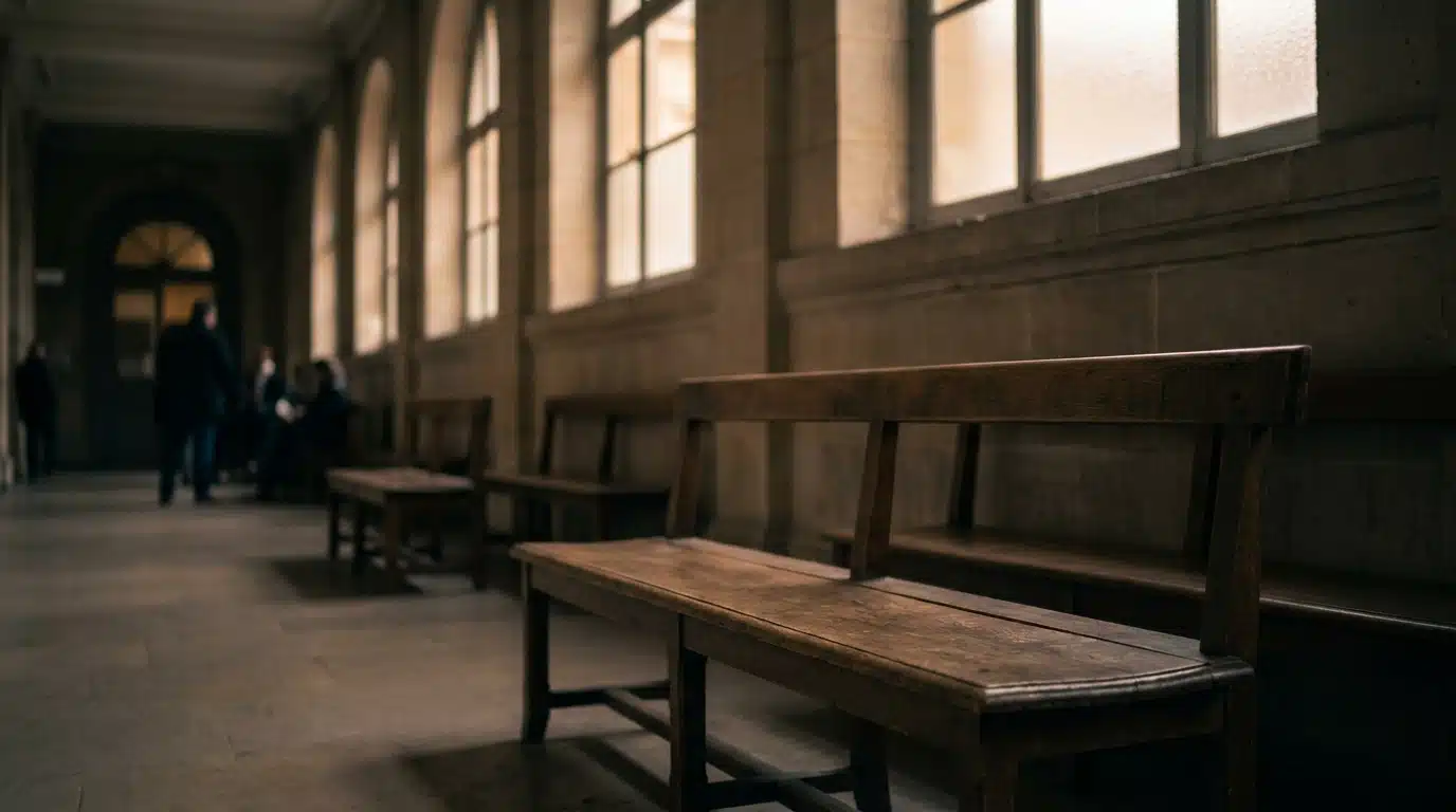 Couloir sombre d'un palais de justice français