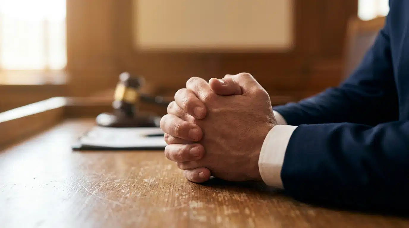 Mains crispées d'un homme sur une table de tribunal