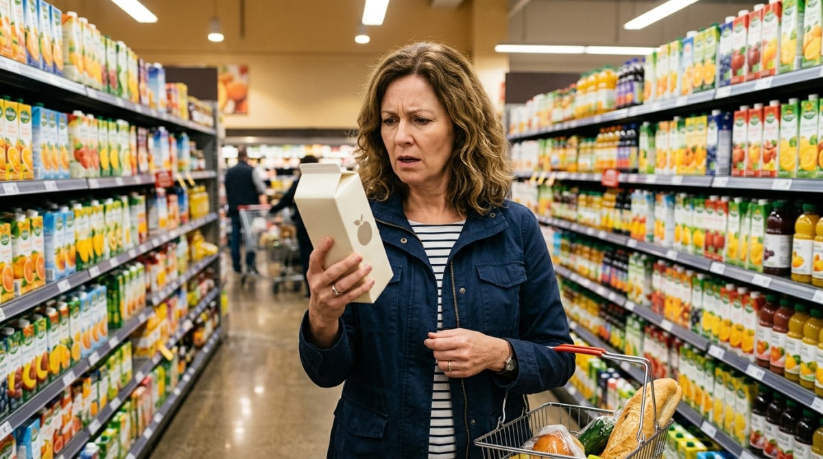 Consommateur perplexe devant un rayon de jus de fruits