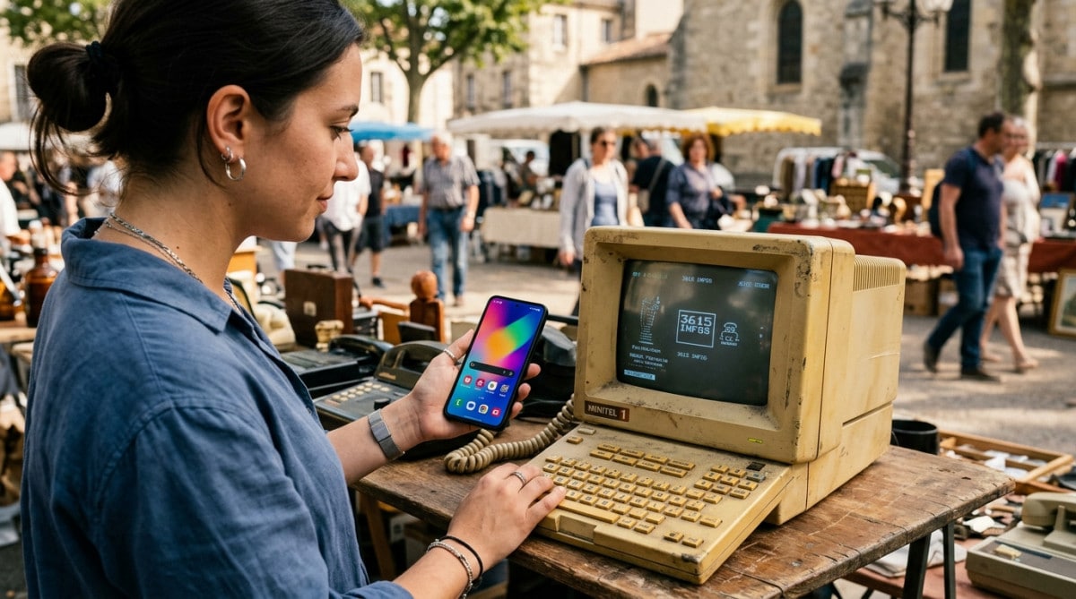 Contraste entre un smartphone moderne et un ancien Minitel sur un marché aux puces