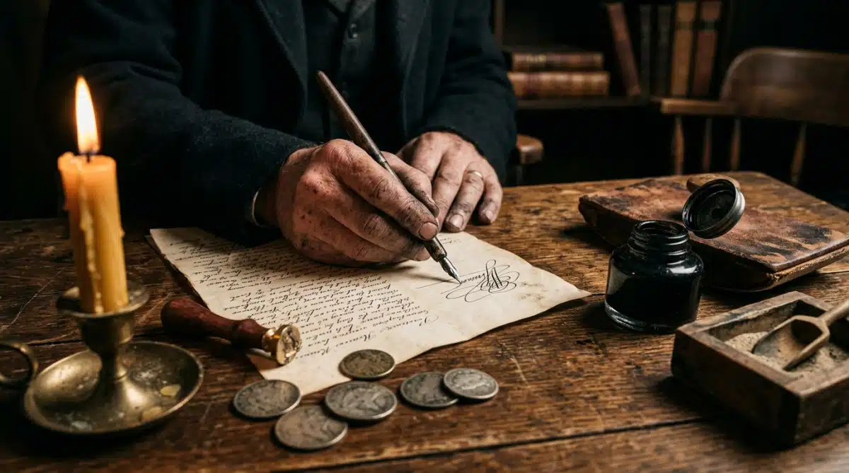 Contrat de vente ancien signé à la plume sur un bureau