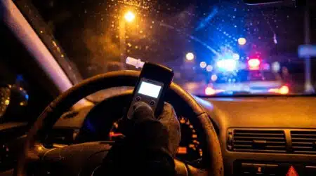 Éthylotest tenu devant un volant de nuit