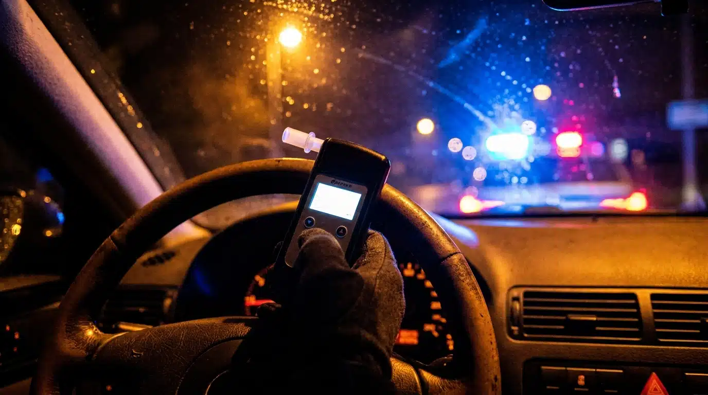 Éthylotest tenu devant un volant de nuit