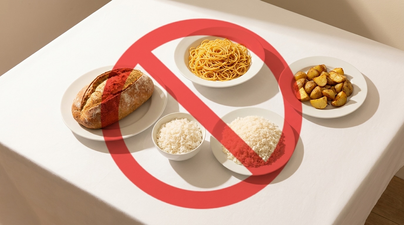 Assiettes de féculents interdits vues du dessus