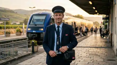 Contrôleur SNCF en uniforme sur un quai de gare