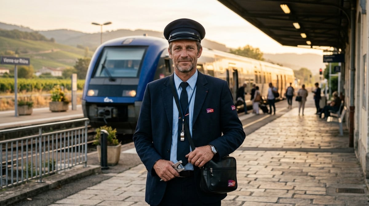 Contrôleur SNCF en uniforme sur un quai de gare