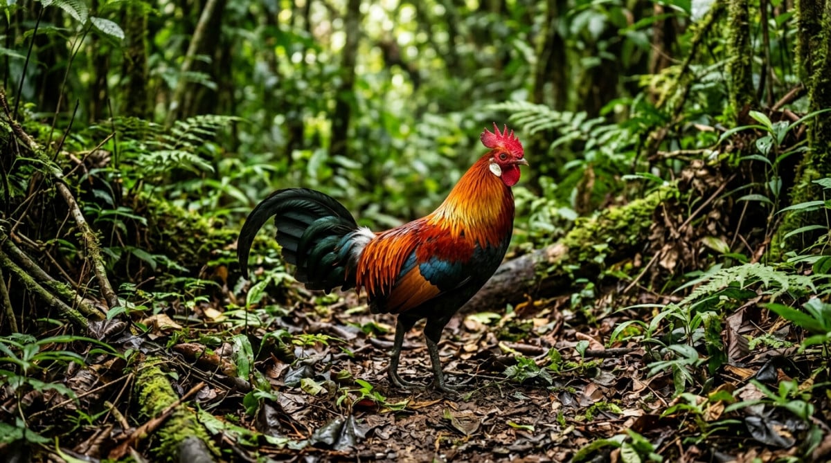 Coq bankiva sauvage dans une forêt tropicale d'Asie