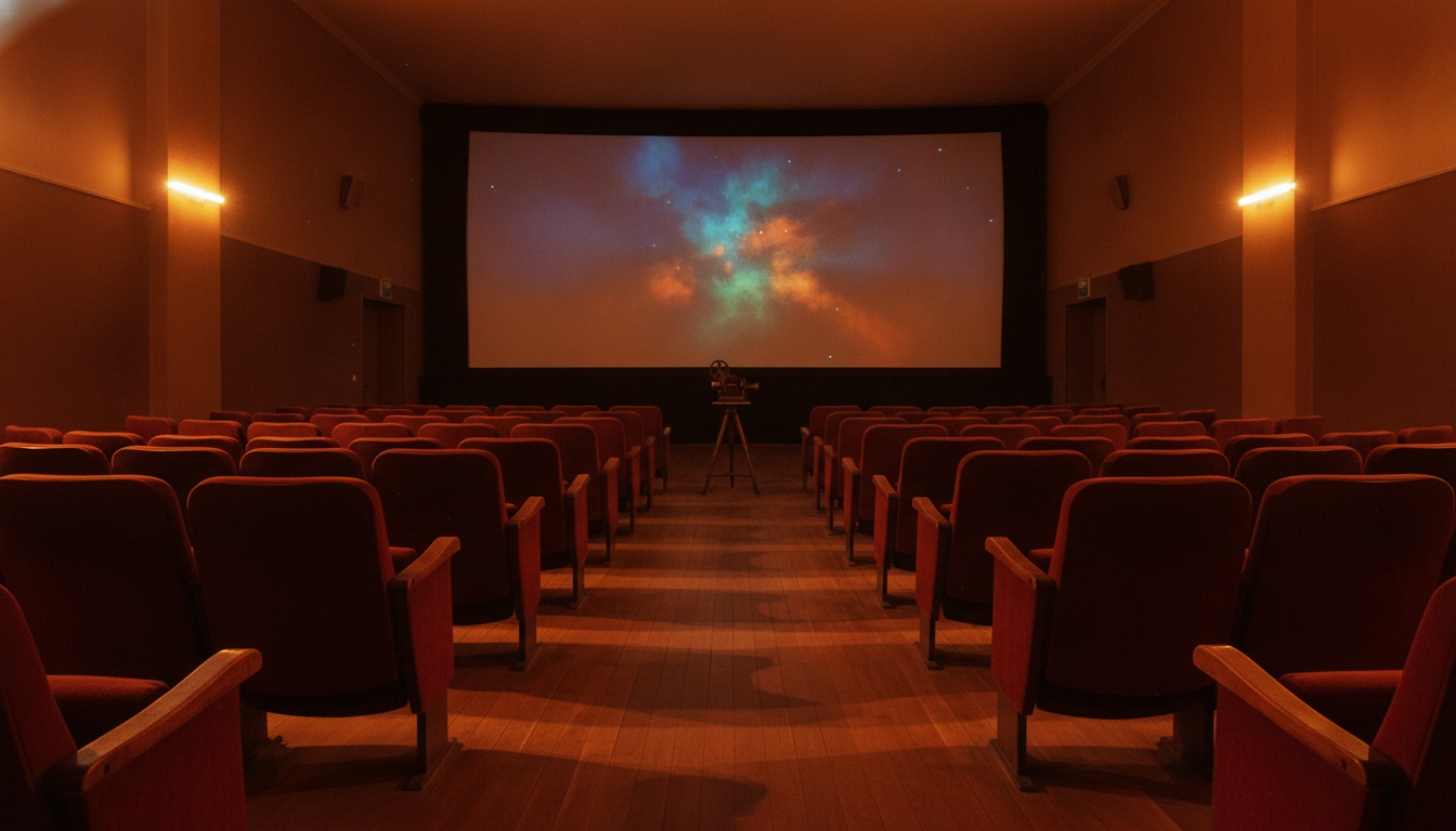 Salle de projection vide aux lumières ambrées pour un documentaire sur un sujet grave
