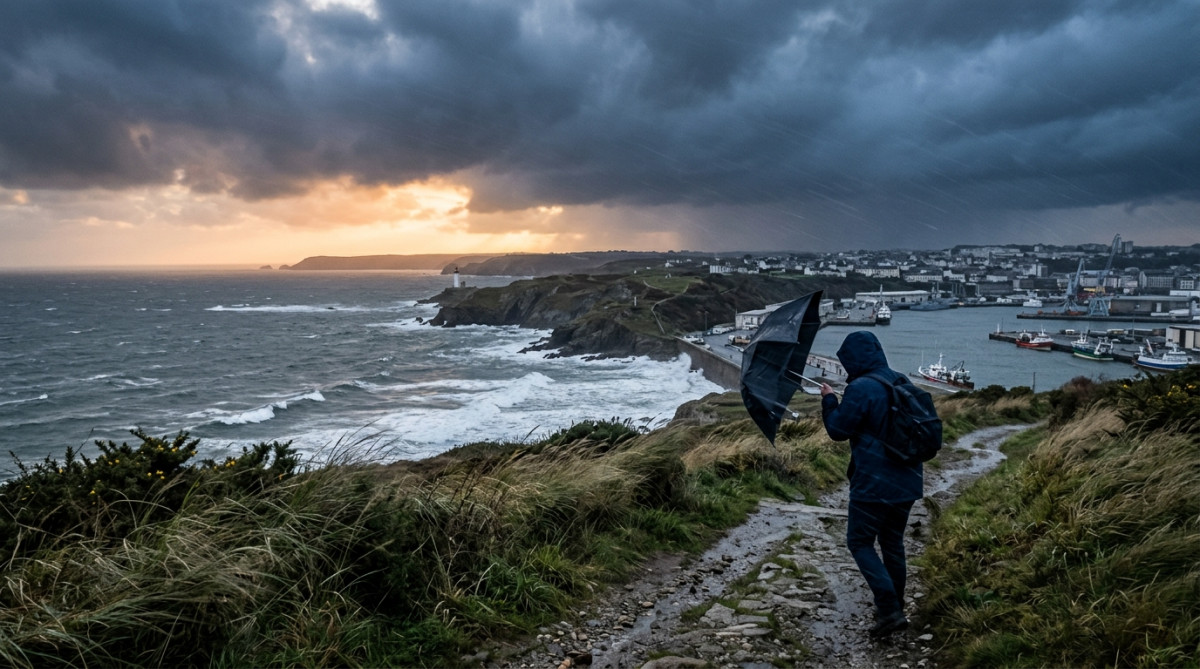 Côte bretonne sous la pluie et le vent