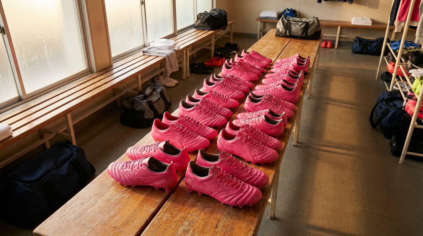 Paires de chaussures de football roses alignées dans un vestiaire