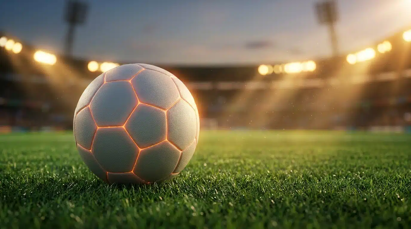 Ballon de football connecté posé sur une pelouse de stade